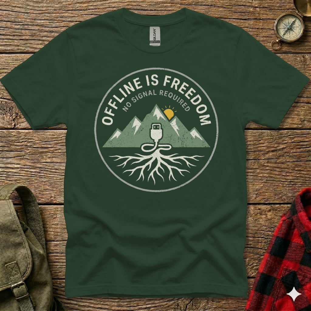 Dark green t-shirt with "Offline is Freedom" mountain and USB logo.