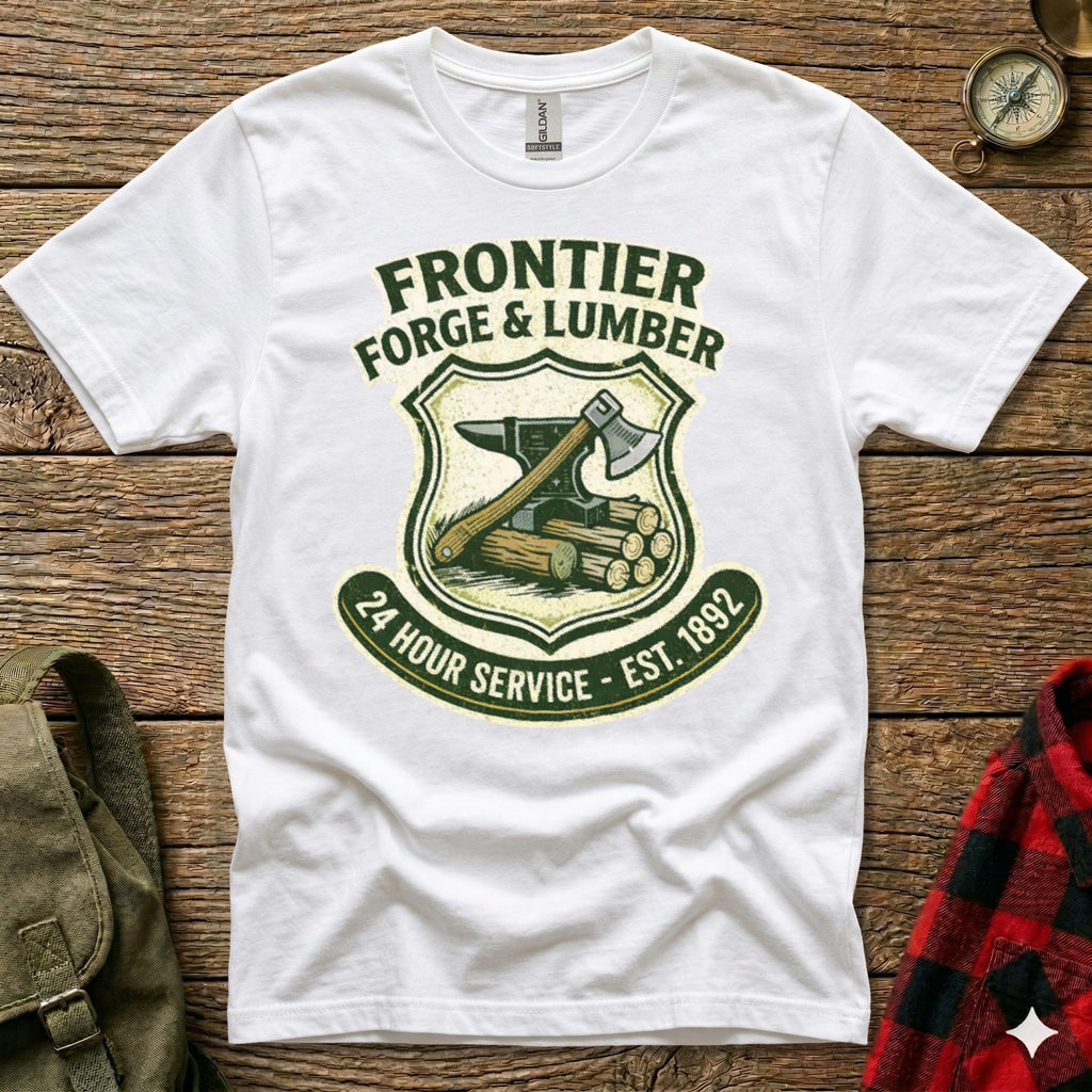 White t-shirt with "Frontier Forge & Lumber" logo featuring axe and anvil.