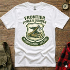 White t-shirt with "Frontier Forge & Lumber" logo featuring axe and anvil.
