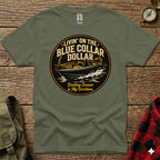 Olive t-shirt with "Livin' on the Blue Collar Dollar" and boat graphic.