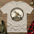 Cream t-shirt with "Callused Hands Membership Earned" circular logo featuring a hand holding a wrench.