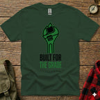 Green t-shirt with wrench graphic and text "BUILT FOR THE GRADE".