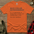 Orange t-shirt with "Blue Collar Outdoorsman" definition and "Backbone" reference.