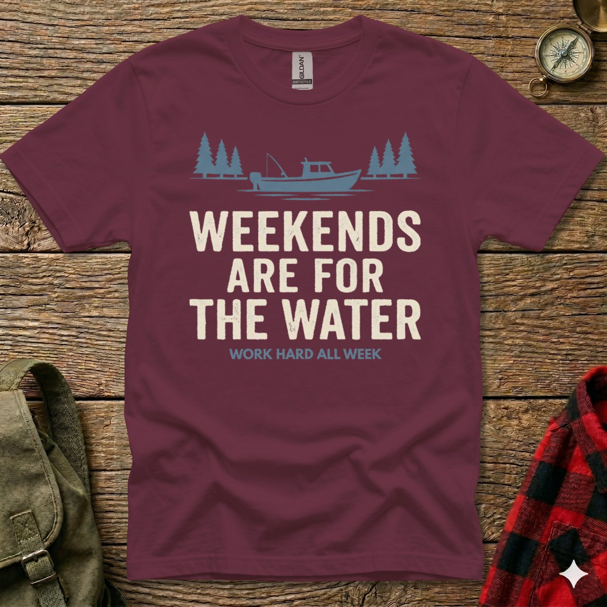 Maroon t-shirt with "Weekends are for the Water" and boat graphic.