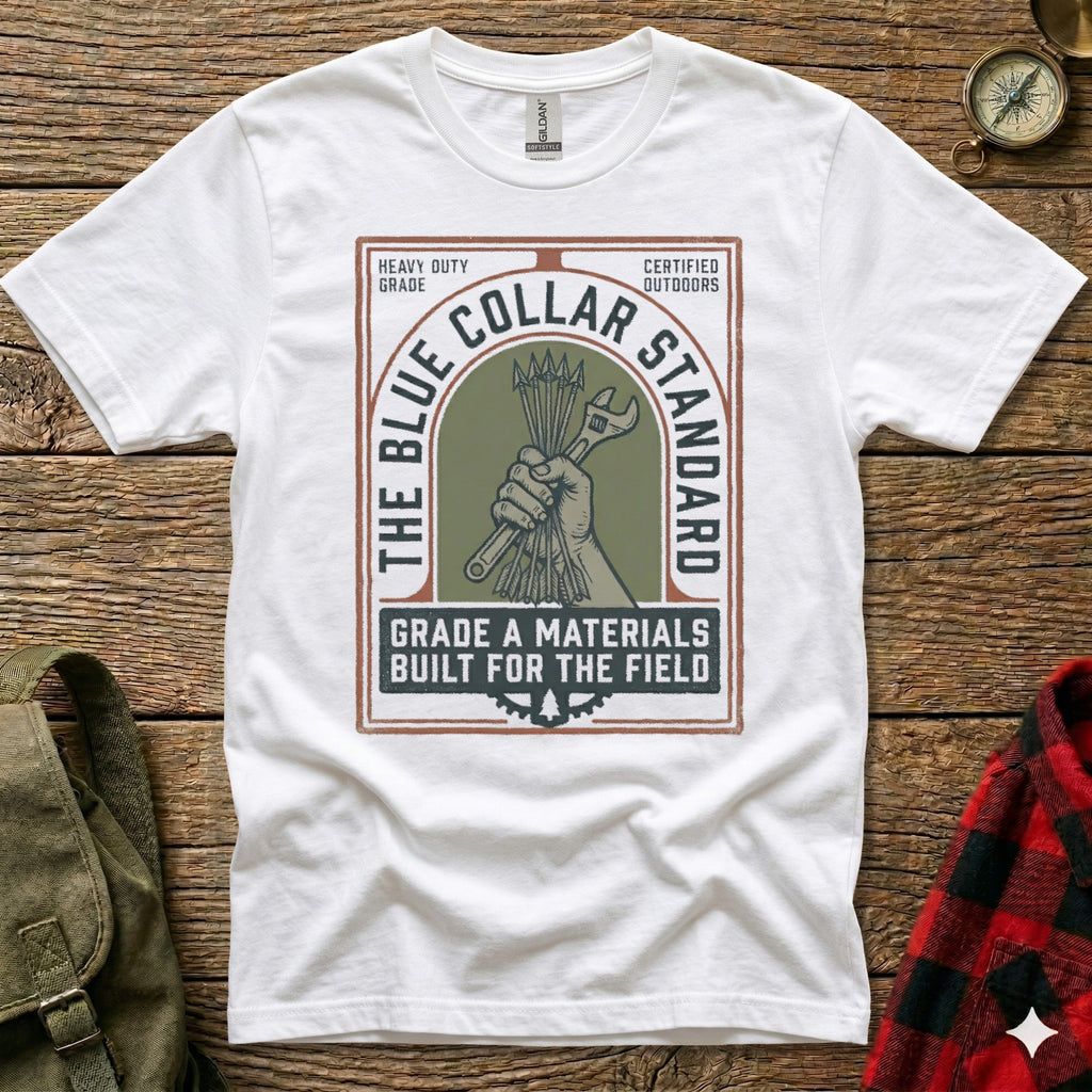 White t-shirt with "The Blue Collar Standard" logo featuring a wrench.
