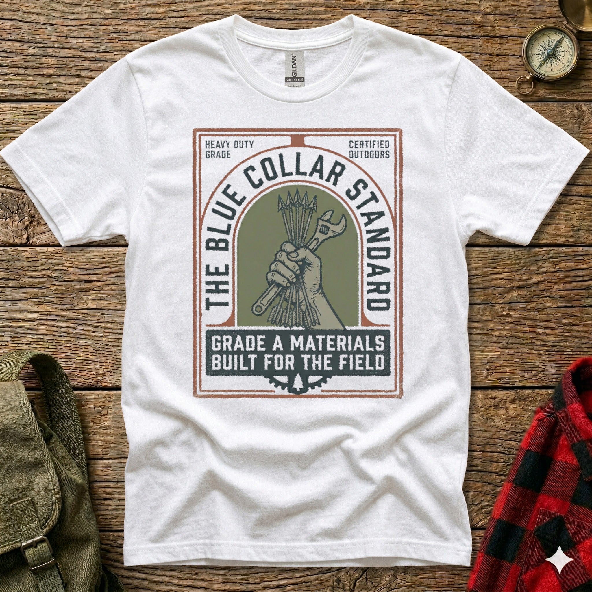 White t-shirt with "The Blue Collar Standard" logo featuring a wrench.