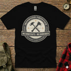 Black t-shirt with circular "Ironwood Frontier" logo featuring crossed tools and compass.