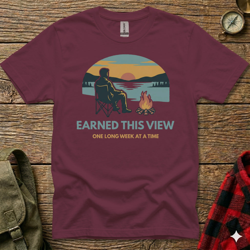 Maroon t-shirt with "Earned This View" and campfire graphic.