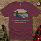 Maroon t-shirt with "Earned This View" and campfire graphic.