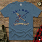 Blue t-shirt with "Blue Collar Built Fatherhood Refined" text and crossed tools.
