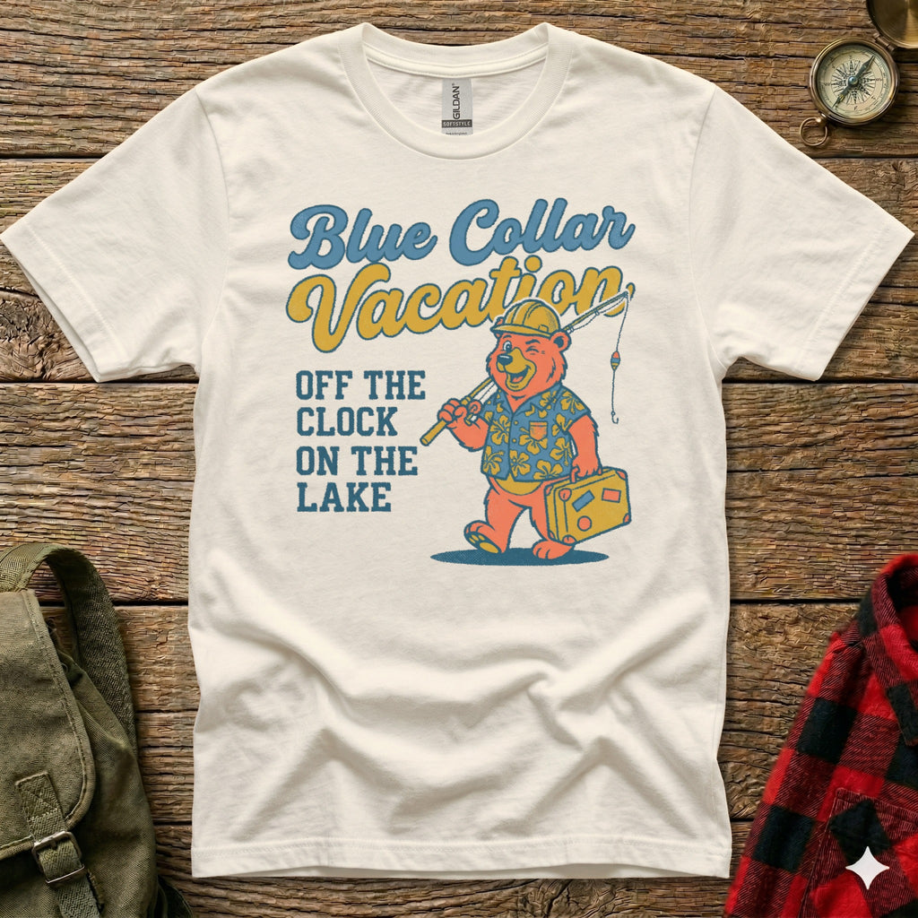 Bear wearing sunglasses and Hawaiian shirt, fishing and holding a suitcase.