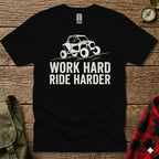 Black t-shirt with "WORK HARD RIDE HARDER" and a UTV graphic.