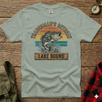 Tradesman's Retreat Lake Bound graphic tee with jumping bass and sunset.