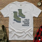 White t-shirt with diagram of boot, showing steel toe modification.