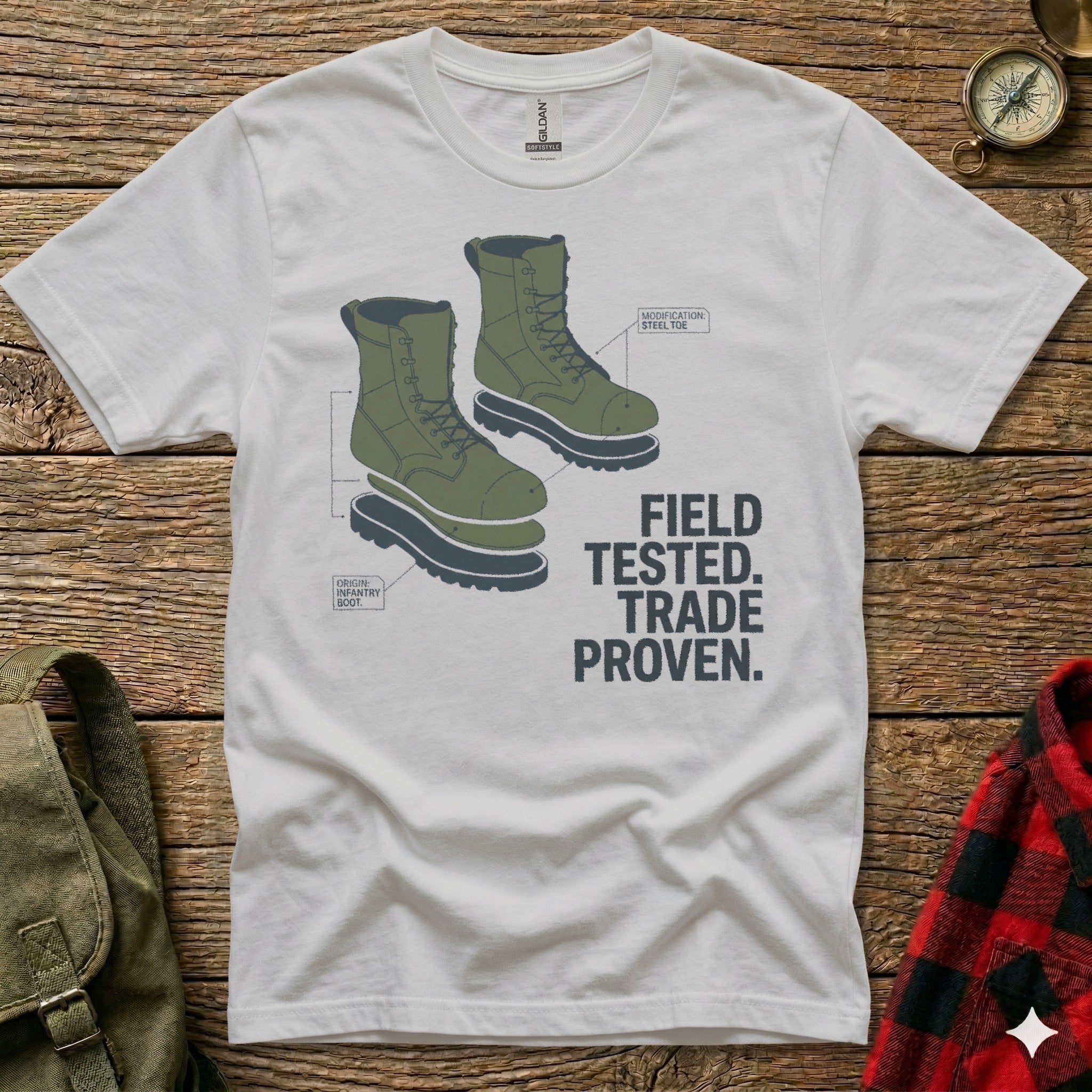 White t-shirt with diagram of boot, showing steel toe modification.