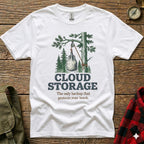 White t-shirt with "Cloud Storage" and a graphic of a lunch bag hanging from a tree.