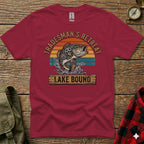 Maroon t-shirt with "Tradesman's Retreat Lake Bound" text and a leaping fish.
