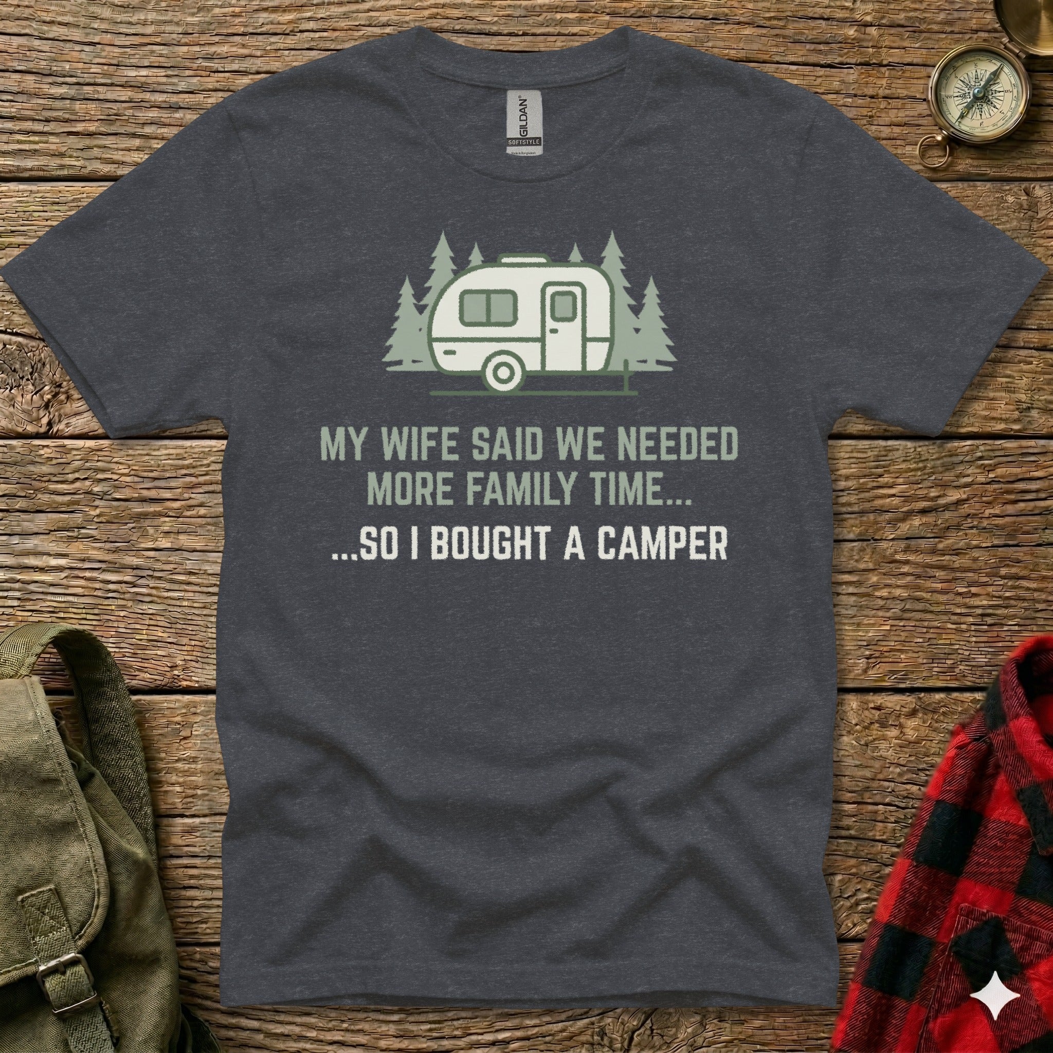 Dark grey t-shirt with camper graphic and text about buying a camper.