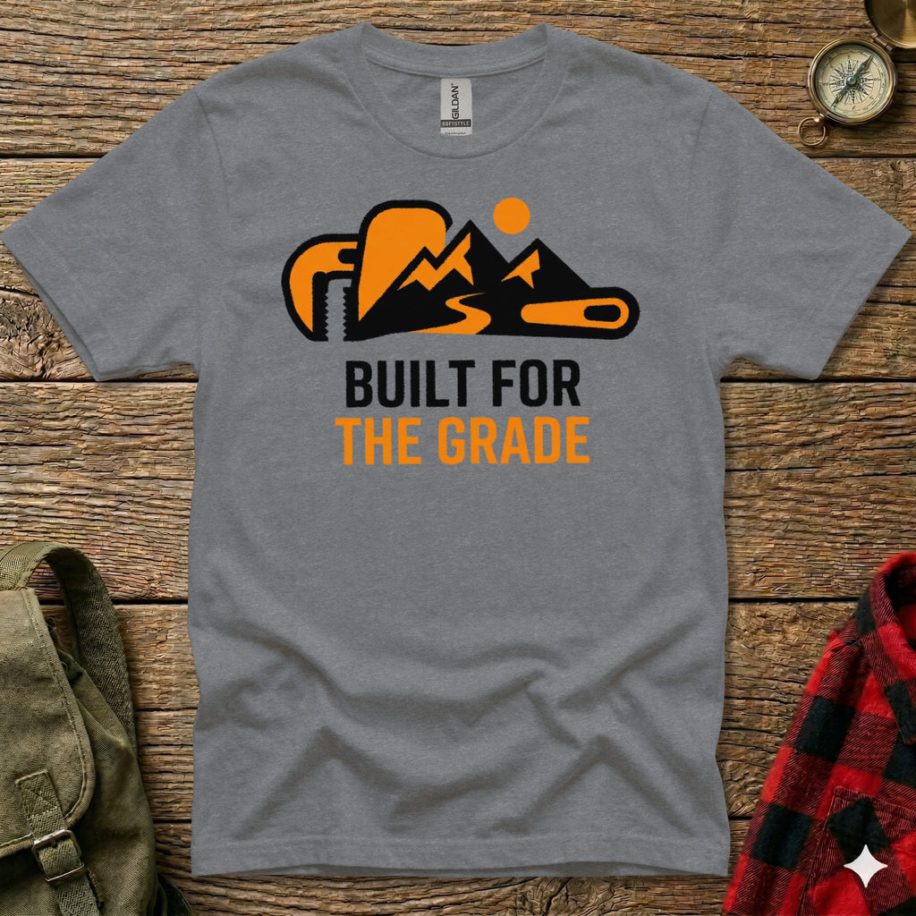 Gray t-shirt with "BUILT FOR THE GRADE" text and mountain and sun graphic.