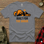 Gray t-shirt with "BUILT FOR THE GRADE" text and mountain and sun graphic.