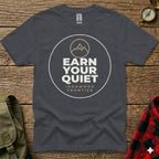 Dark grey t-shirt with "EARN YOUR QUIET IRONWOOD FRONTIER" text and mountain logo.