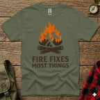 Olive green t-shirt with "FIRE FIXES MOST THINGS" and hammer/axe logo.