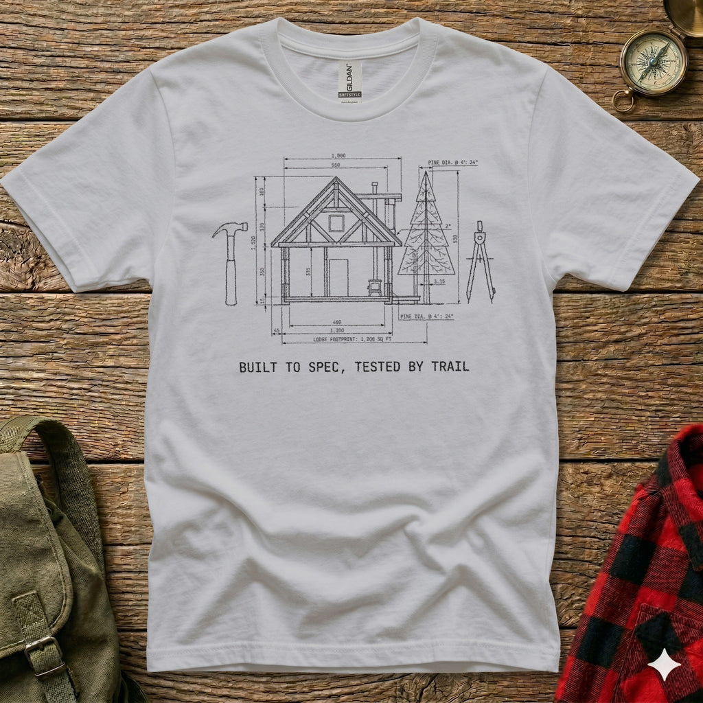 White t-shirt with diagram of a cabin labeled "Built to Spec, Tested by Trail".