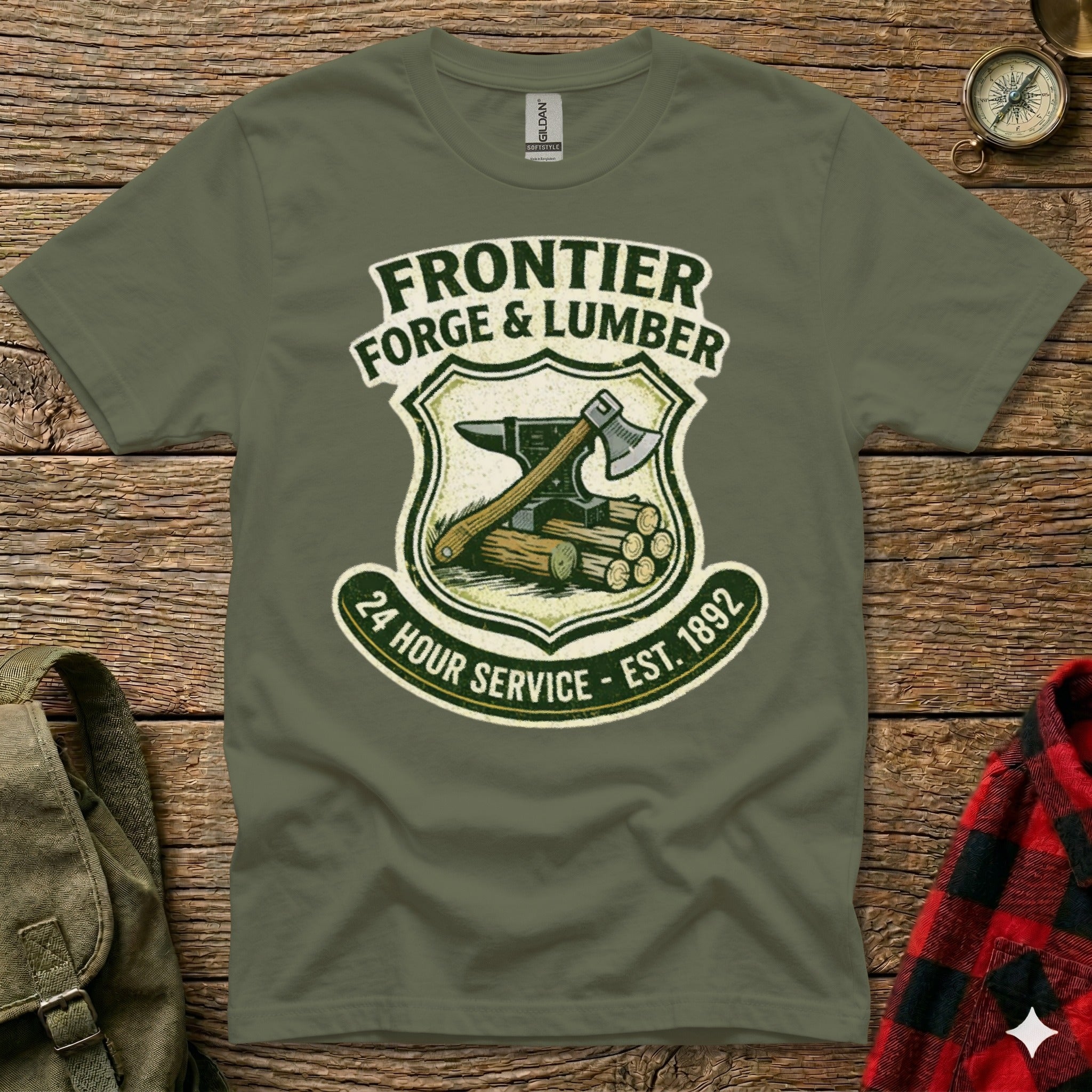 Frontier Forge & Lumber shield logo with axe and anvil, 24 Hour Service est 1892.