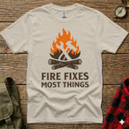 T-shirt with orange flames and crossed hammer and wrench over wood logs.