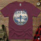 Maroon t-shirt with circular graphic "Clock Out, Head Out, See You at the Lake".