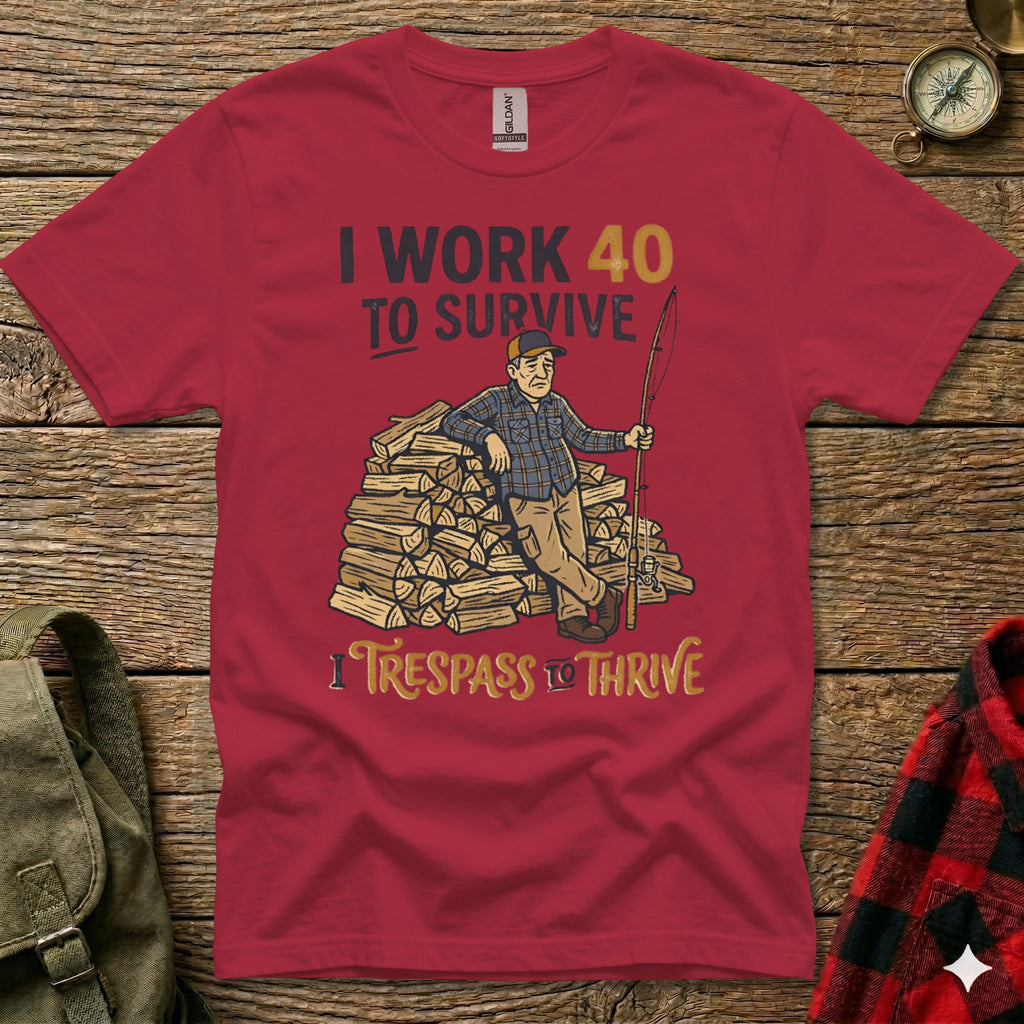Red t-shirt with graphic of man with fishing pole and firewood.
