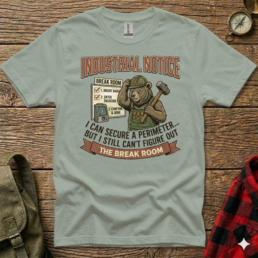 Bear in hard hat with hammer, "Industrial Notice" text about break room.
