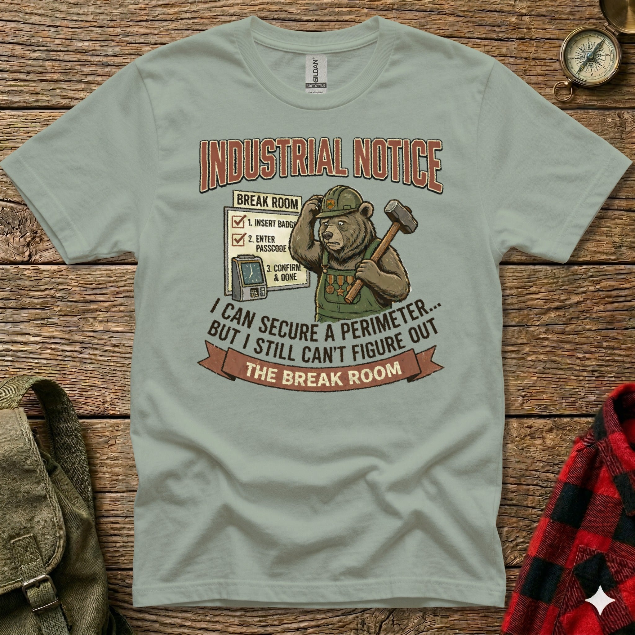 Bear in hard hat with hammer, "Industrial Notice" text about break room.