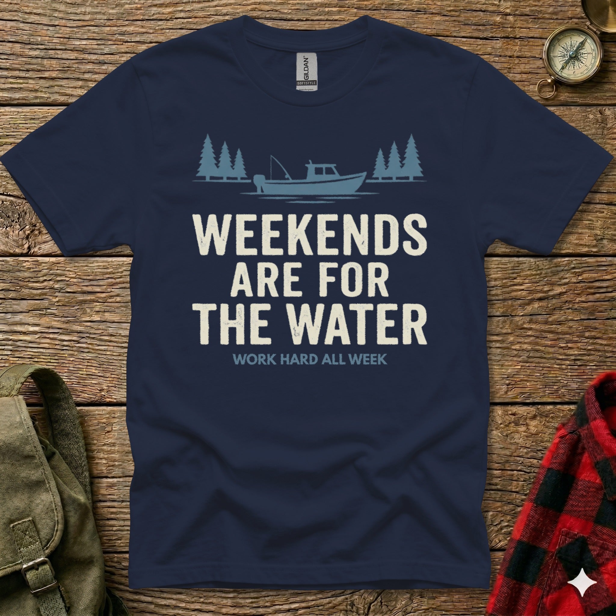 Navy t-shirt with "Weekends Are For The Water" graphic and boat illustration.