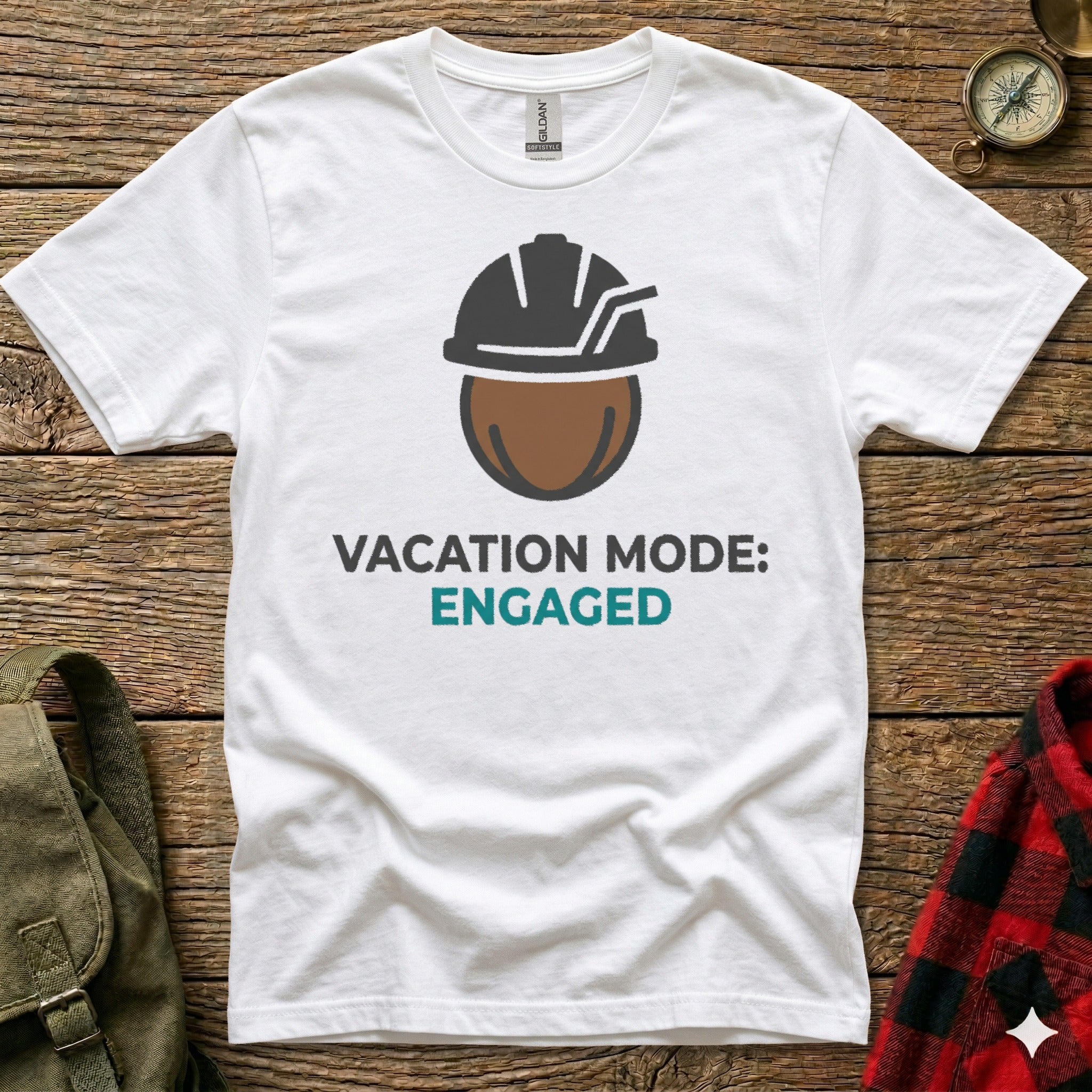 White t-shirt with "Vacation Mode: ENGAGED" text and hard hat graphic.