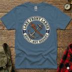 Blue t-shirt with anchor and ship's wheel graphic and "Lake Front Labor Built Not Bought" text.