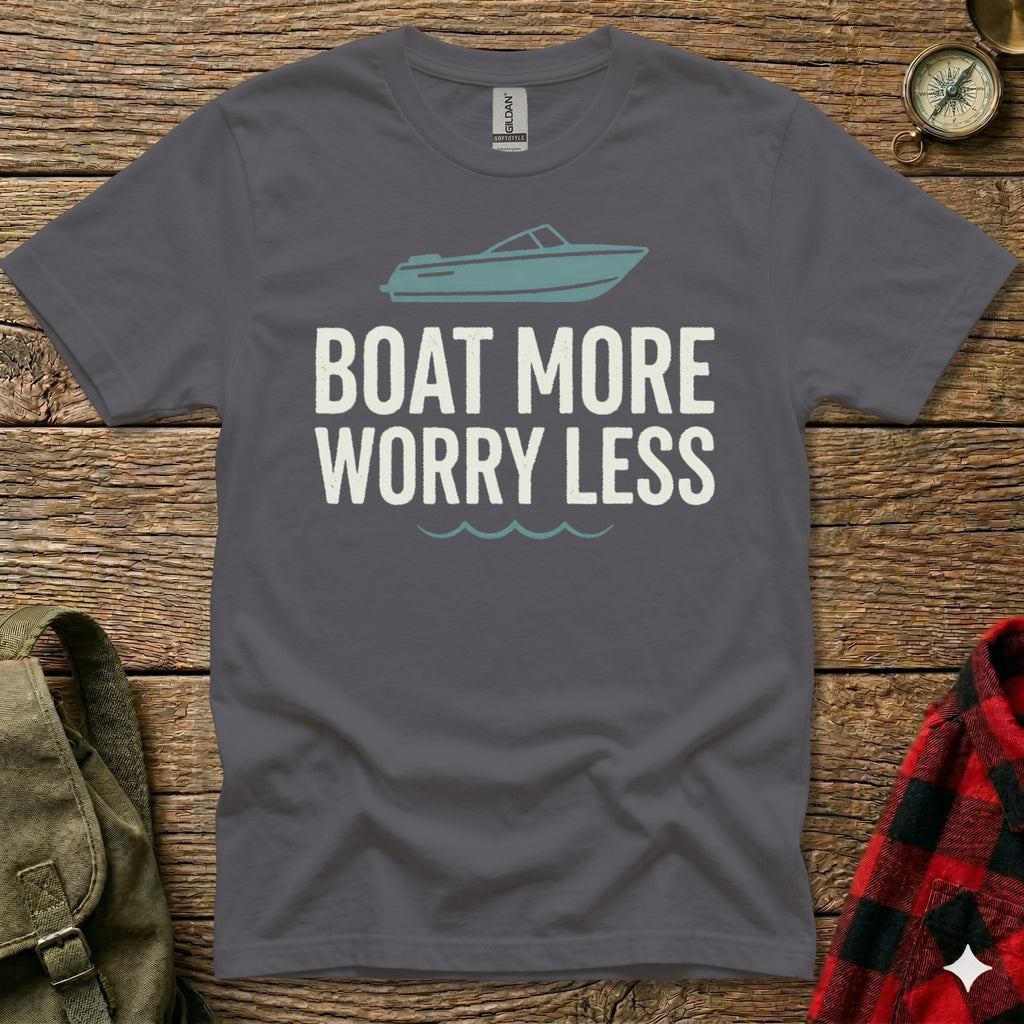 Grey t-shirt with "BOAT MORE WORRY LESS" text and a boat graphic.
