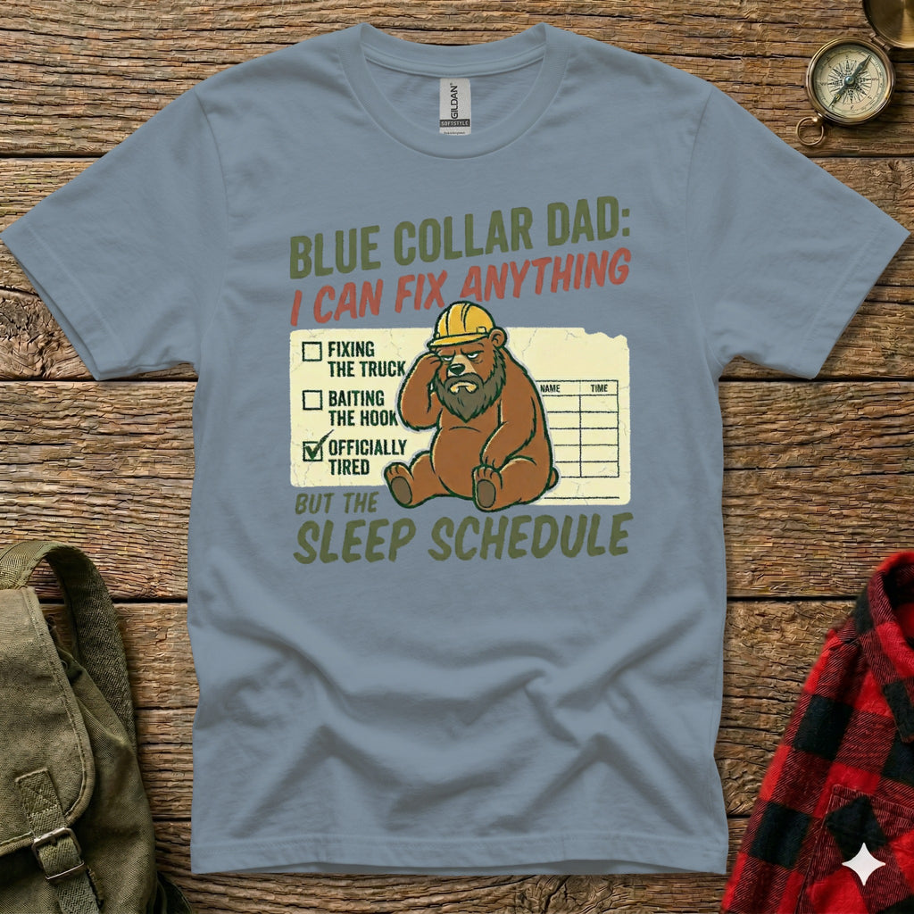 Blue Collar Dad t-shirt with bear graphic and "I Can Fix Anything" text.