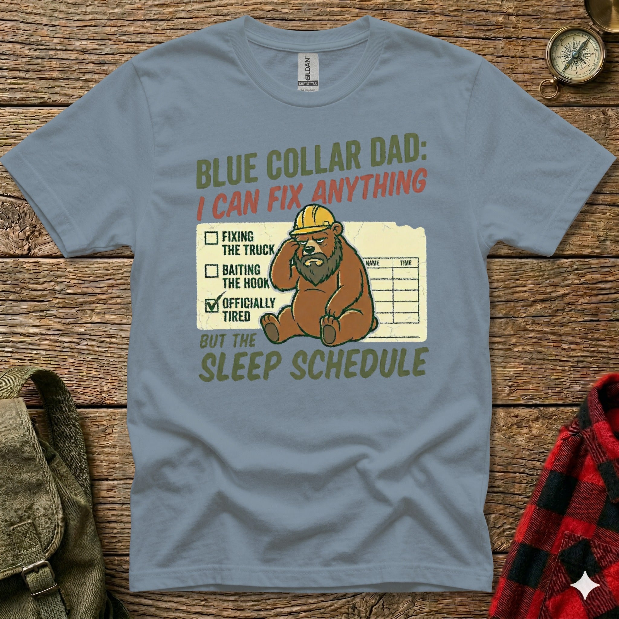 Blue Collar Dad t-shirt with bear graphic and "I Can Fix Anything" text.
