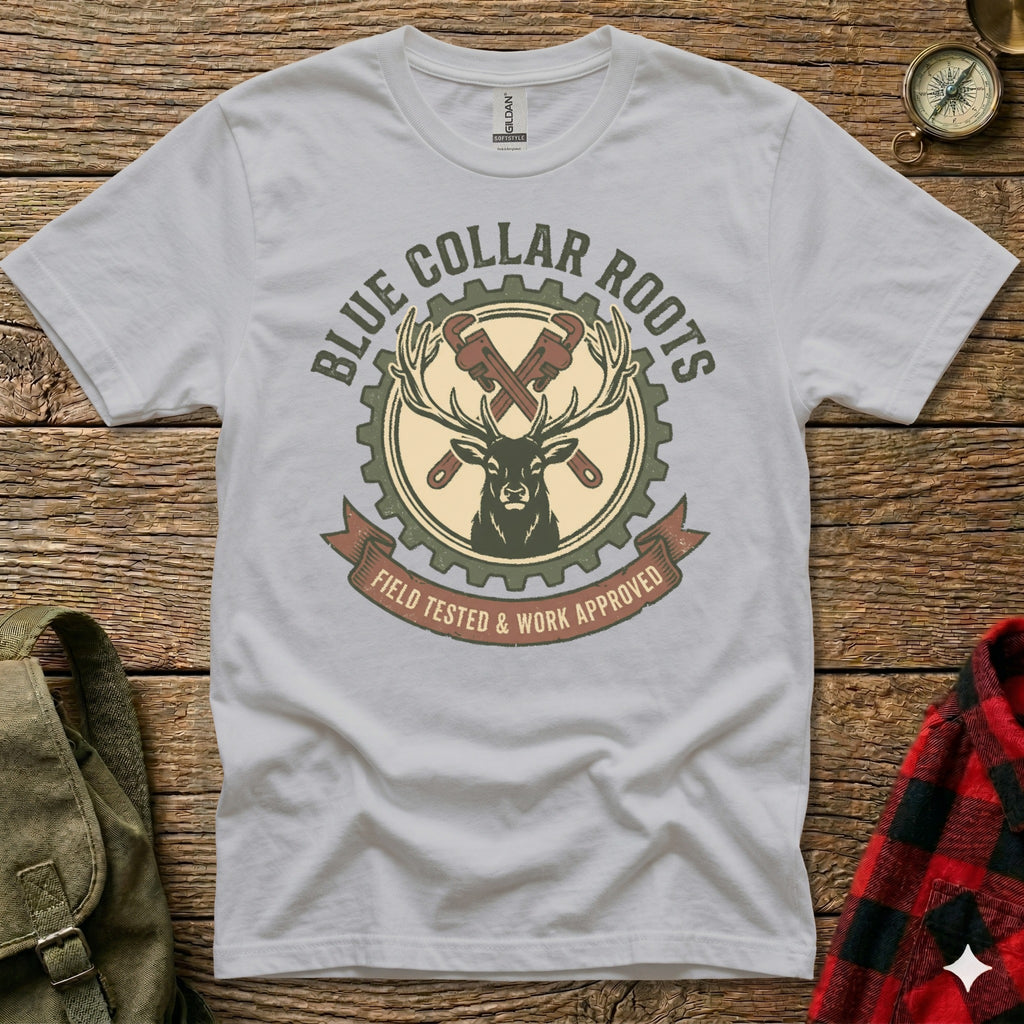 Grey t-shirt with "Blue Collar Roots Field Tested & Work Approved" and crossed wrenches over deer.