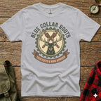 Grey t-shirt with "Blue Collar Roots Field Tested & Work Approved" and crossed wrenches over deer.