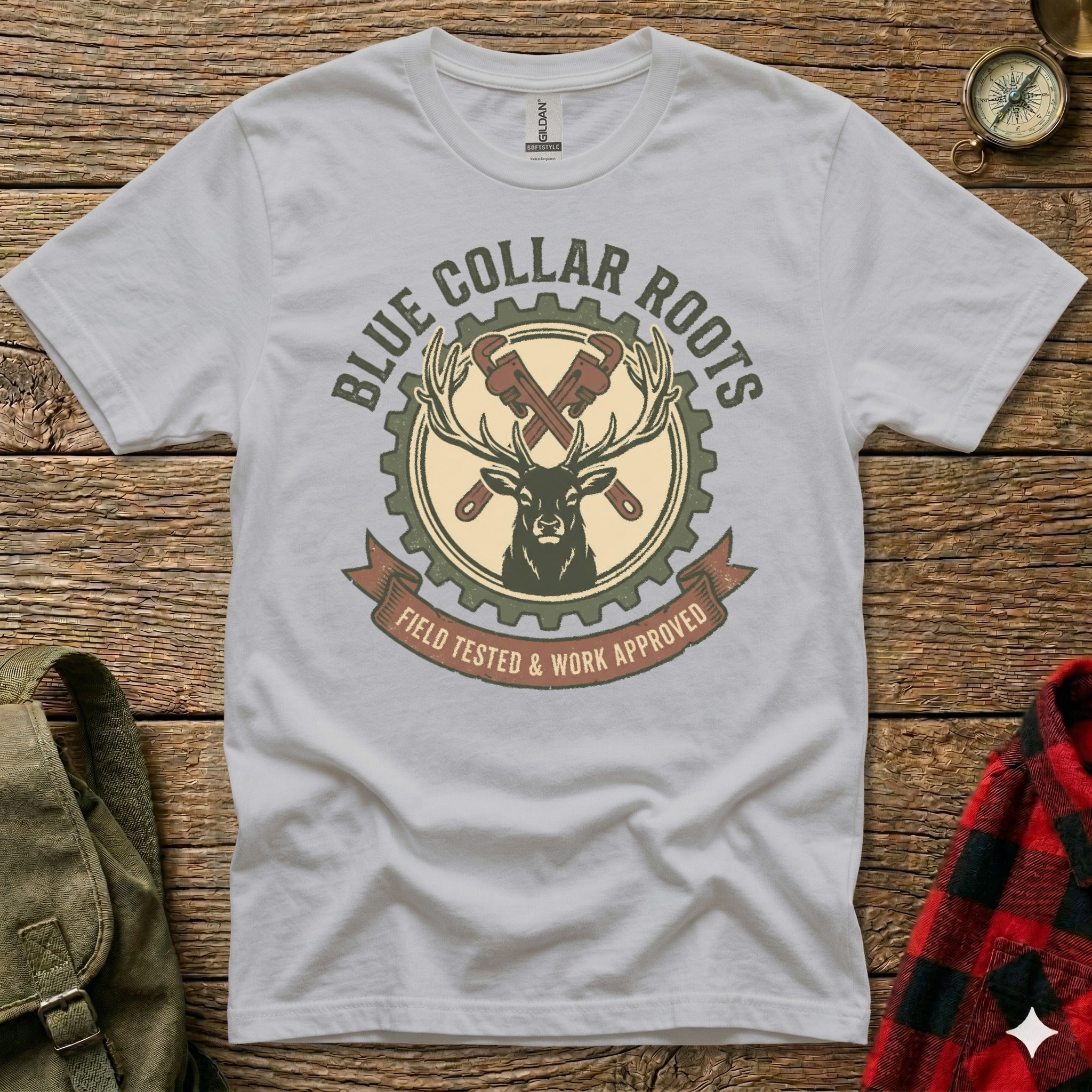 Grey t-shirt with "Blue Collar Roots Field Tested & Work Approved" and crossed wrenches over deer.