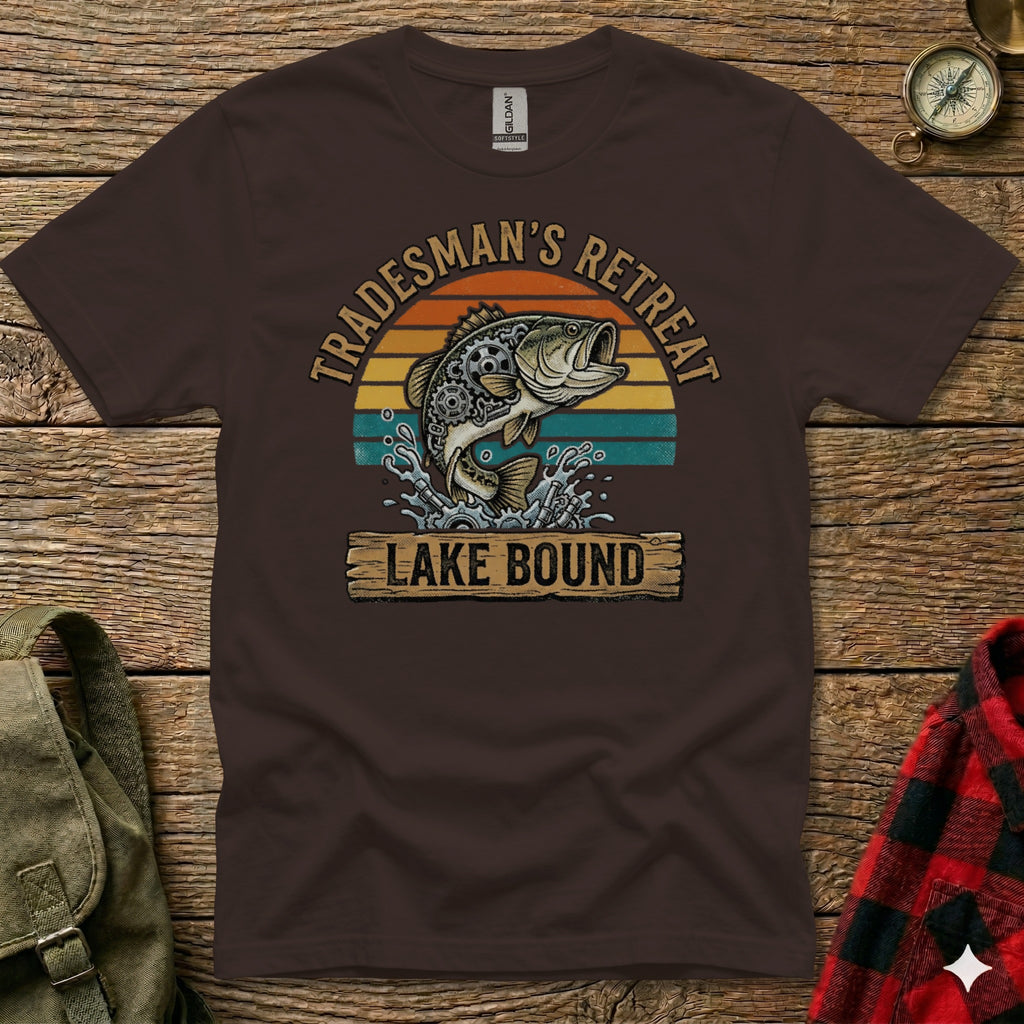 Brown t-shirt with fish jumping out of water and "Tradesman's Retreat Lake Bound" text.