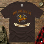 Brown t-shirt with Blue Collar Blend logo featuring tools and a cigar.