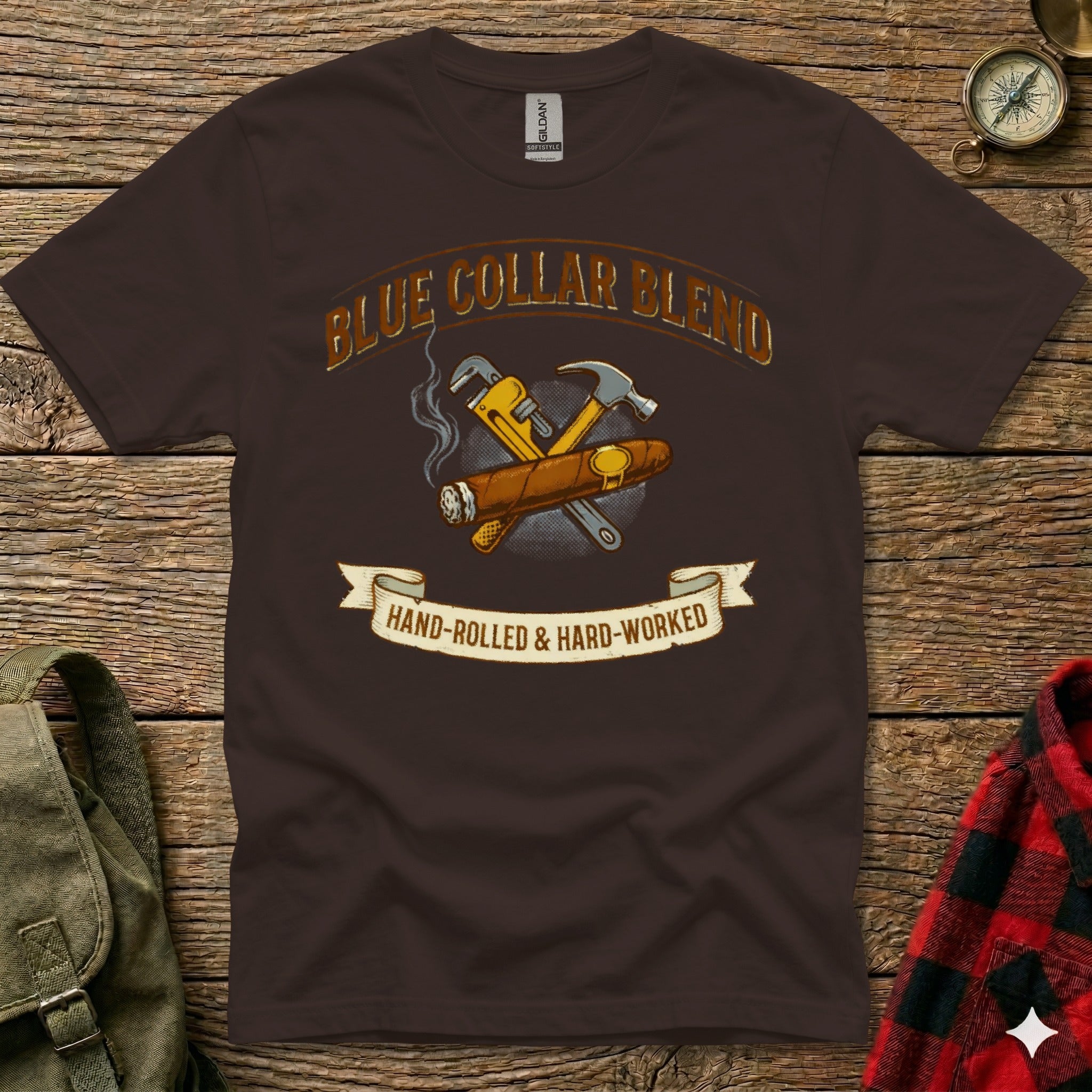 Brown t-shirt with Blue Collar Blend logo featuring tools and a cigar.