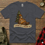T-shirt graphic of a bear in a hard hat and vest fishing, with text "Clocking Out & Heading Out".