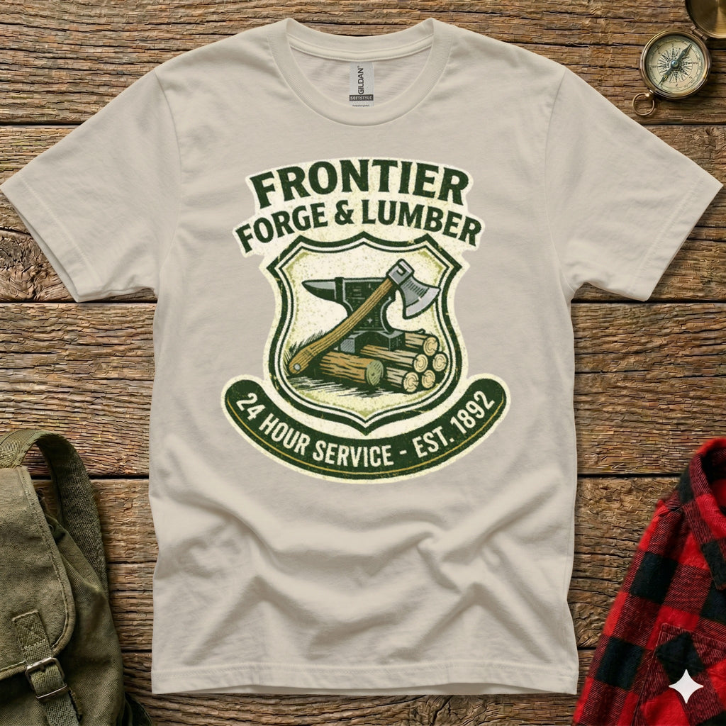T-shirt with Frontier Forge & Lumber logo: axe, anvil, and wood.