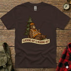 Brown t-shirt with cartoon bear wearing safety vest and hard hat fishing, text reads "Clocking Out & Heading Out."