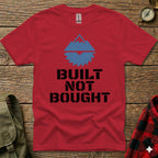 Red t-shirt with mountain and saw graphic and "Built Not Bought" text.