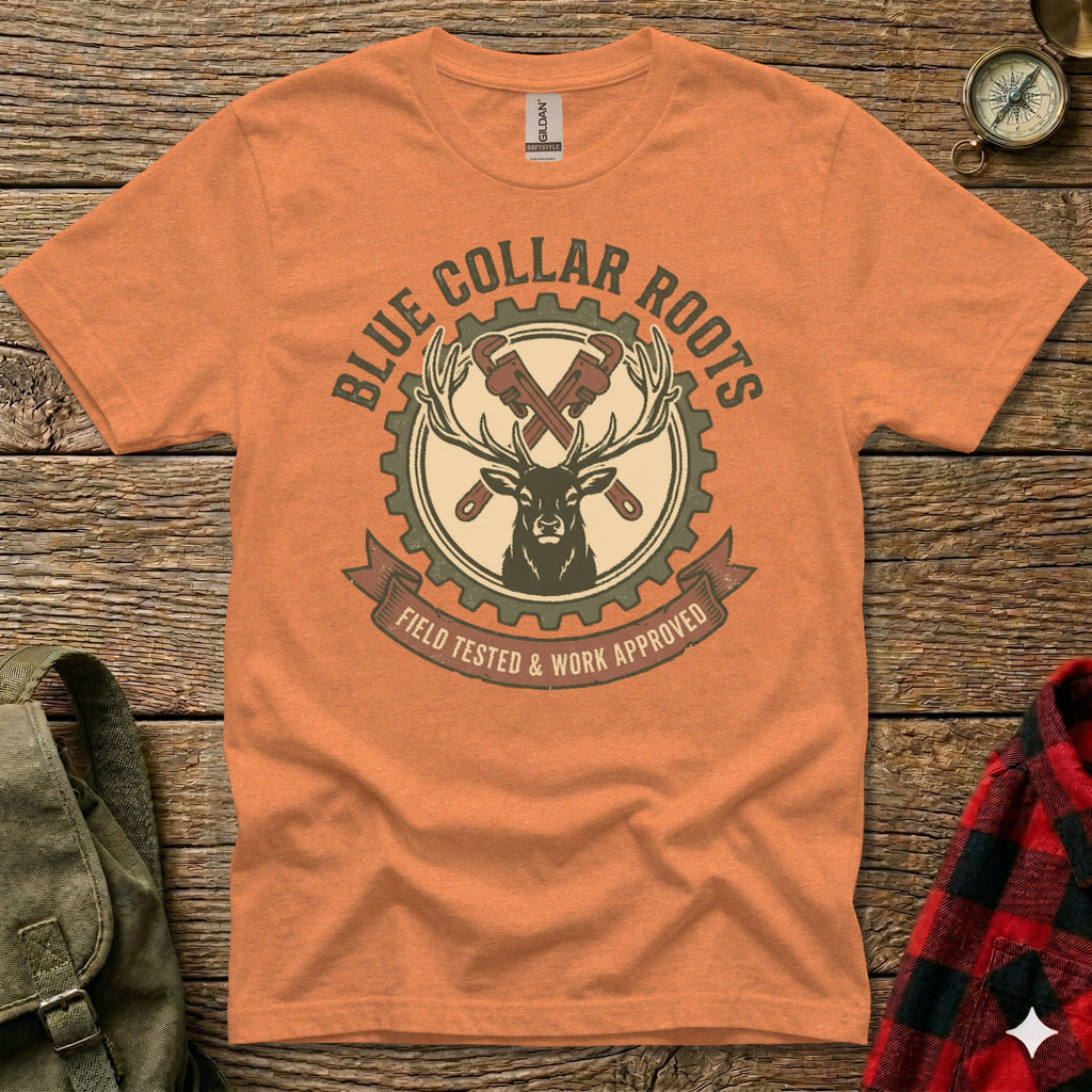 Orange t-shirt with "Blue Collar Roots" and deer logo.